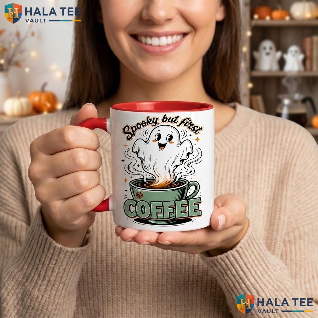 Spooky But First Coffee Halloween Mug Funny Ghost Barista Ceramic Camping Mug