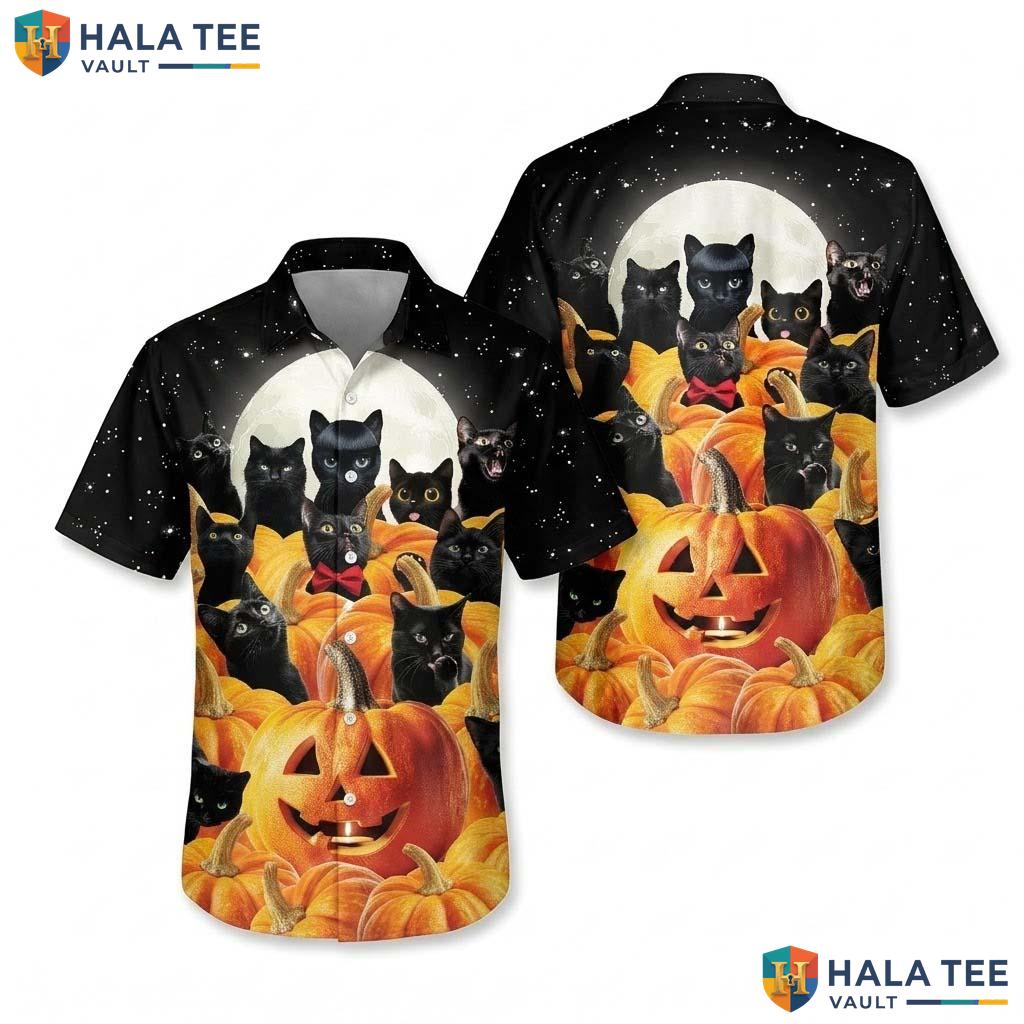 Spooky Cat Halloween Hawaiian Shirt Pumpkin Tropical Party Aloha Top
