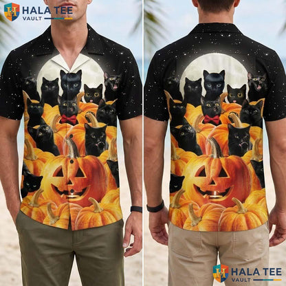 Spooky Cat Halloween Hawaiian Shirt Pumpkin Tropical Party Aloha Top Adult