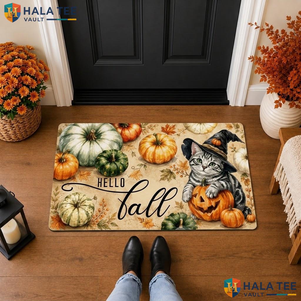 Spooky Cat Witchy Halloween Front door mat Pumpkin Decorative Welcome Porch Rug