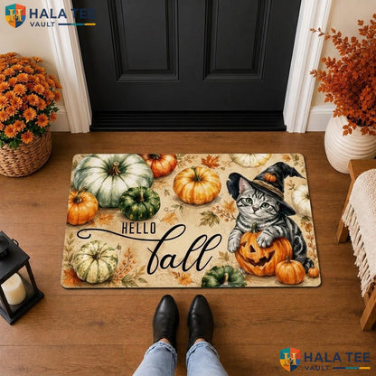 Spooky Cat Witchy Halloween Front door mat Pumpkin Decorative Welcome Porch Rug