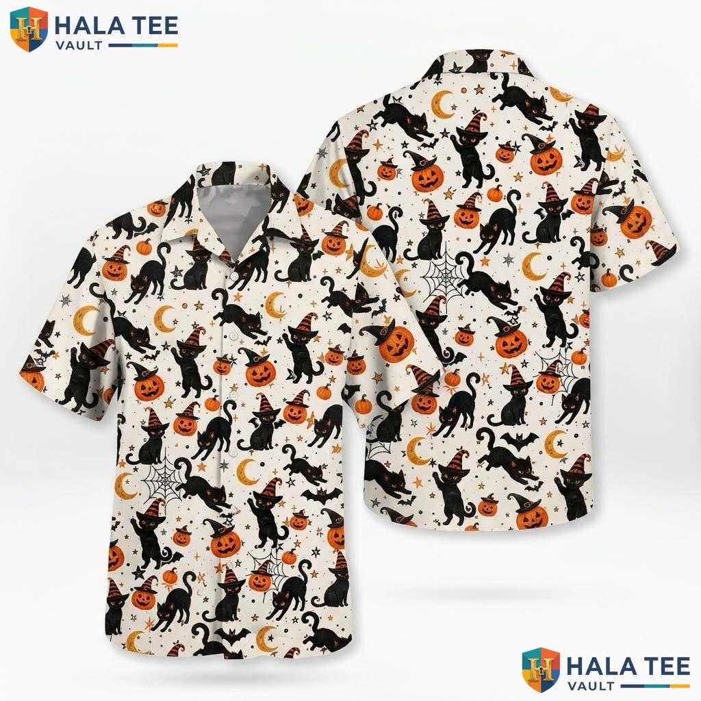 Spooky Costume Halloween Hawaiian Shirt Black Cat Witch Button Up