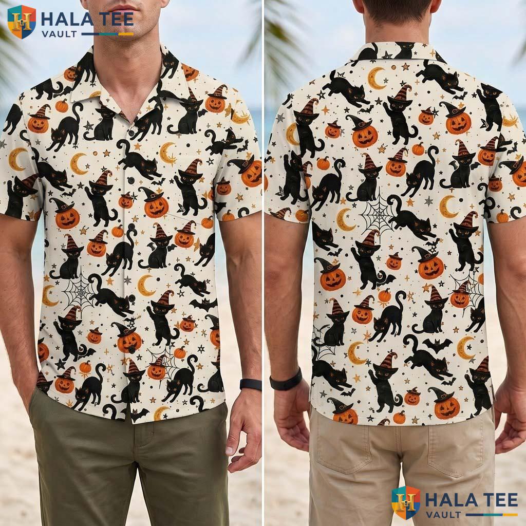Spooky Costume Halloween Hawaiian Shirt Black Cat Witch Button Up Adult