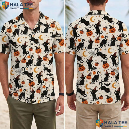 Spooky Costume Halloween Hawaiian Shirt Black Cat Witch Button Up Adult