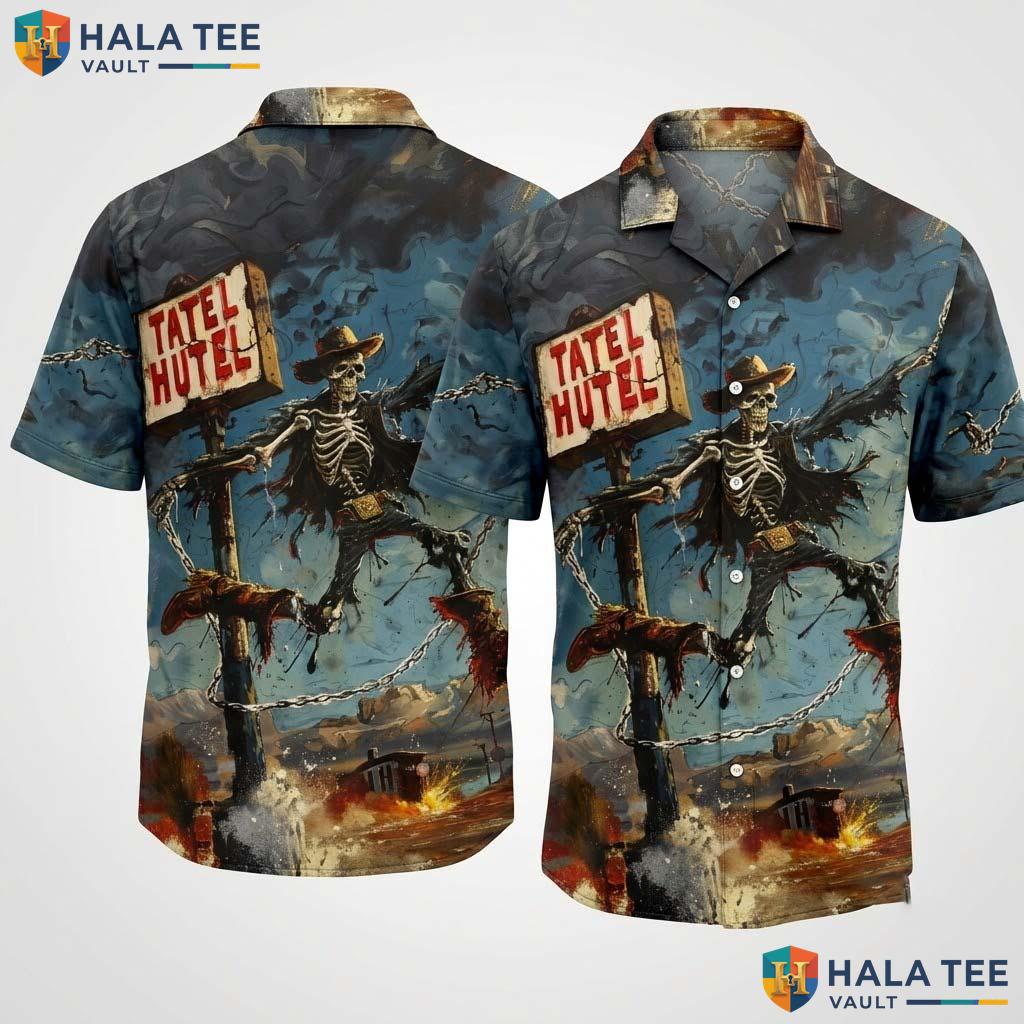 Spooky Cowboy Hawaiian Shirt Novelty Print Short Sleeve Skeleton Design Top