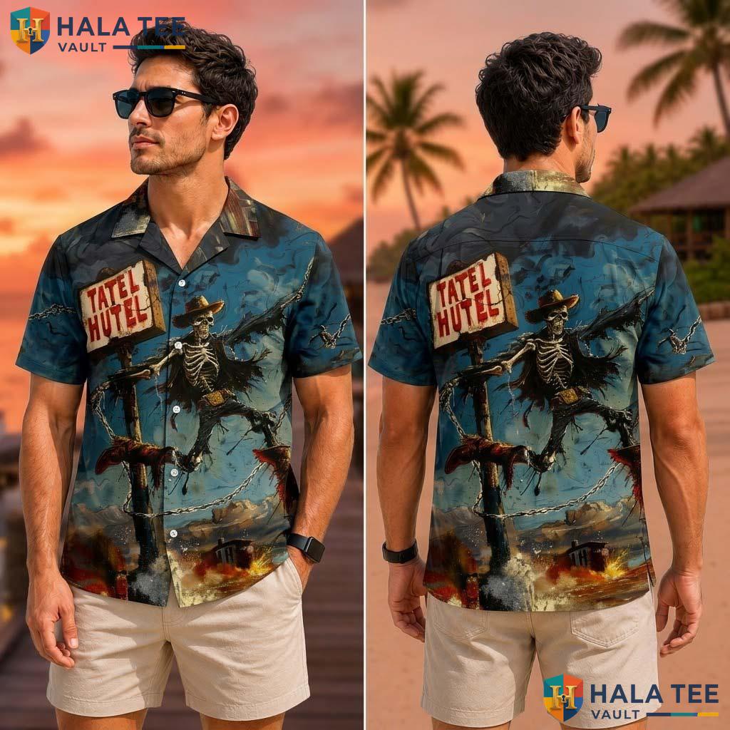 Spooky Cowboy Tropical Shirt Novelty Print Short Sleeve Skeleton Design Top