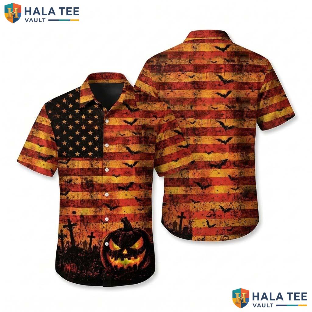 Spooky Flag Halloween Hawaiian Shirt Scary Jack O Lantern Aloha Top