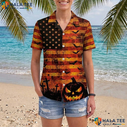Spooky Flag Halloween Hawaiian Shirt Scary Jack O Lantern Aloha Top Adult