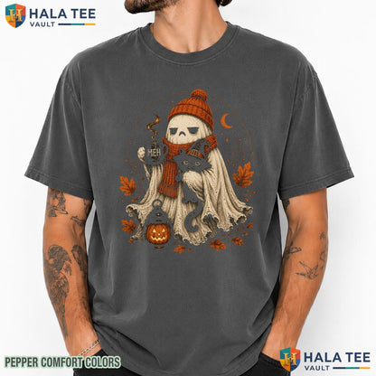 Spooky Ghost Cat Comfort Colors T Shirt Black Cat Iced Coffee Lover Apparel Vintage Washed Tee