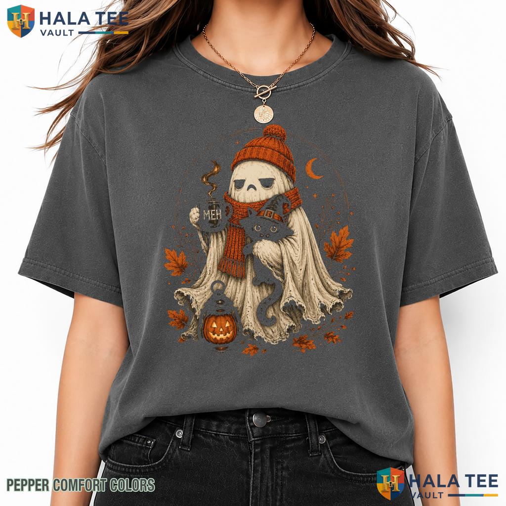 Spooky Ghost Cat Comfort Colors T Shirt Black Cat Iced Coffee Lover Apparel Heavyweight Cotton T-Shirt
