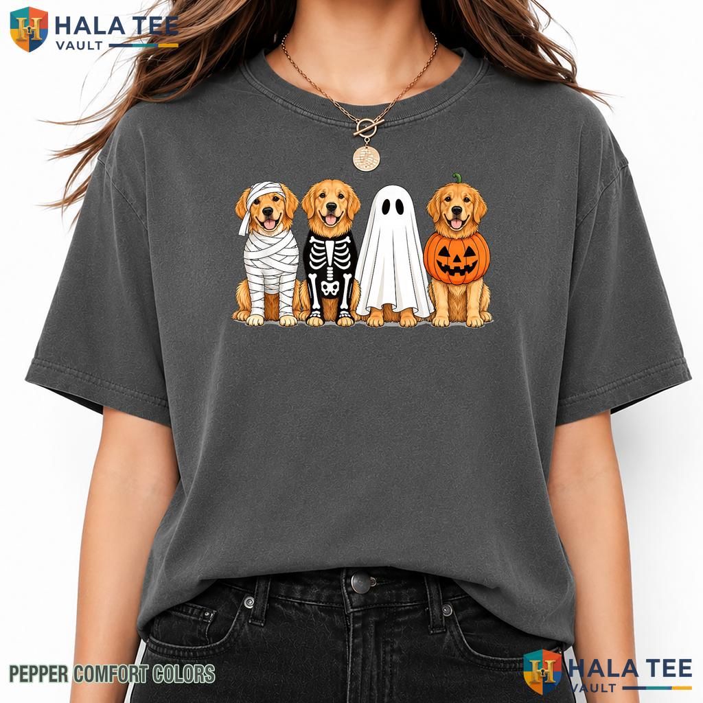 Spooky Ghost Golden Retriever Comfort Colors T-Shirt Pumpkin Skeleton