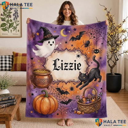 Spooky Ghost Halloween Blanket Custom Name Playful Kids Perfect Gift