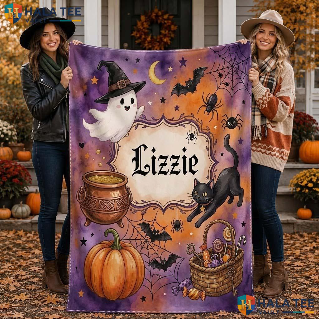 Spooky Ghost Halloween Blanket Custom Name Playful Kids Perfect Gift