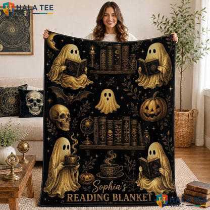 Spooky Ghost Halloween Blanket Personalized Book Lover Cozy Fall Throw