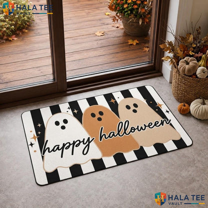 Spooky Ghost Halloween Layered Doormat Black White Striped Outdoor Porch Rug