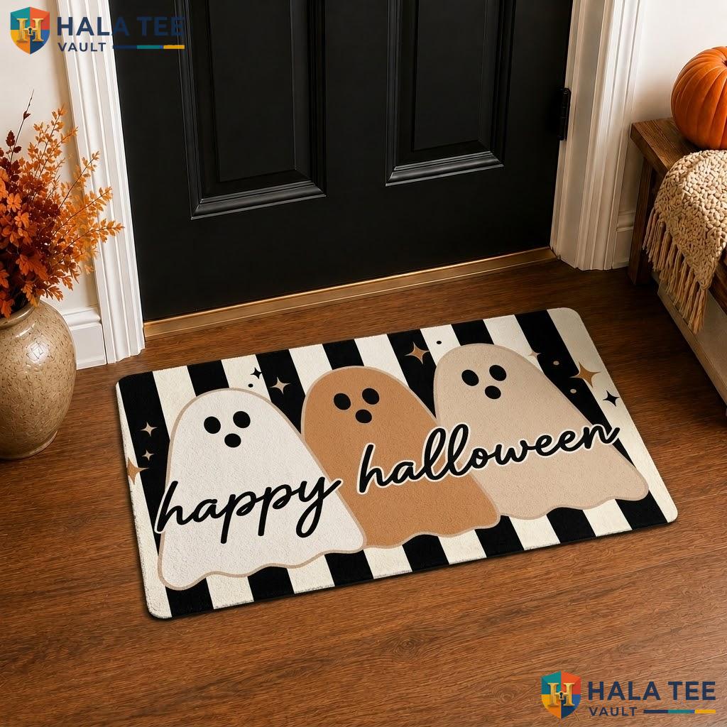Spooky Ghost Halloween Layered Front door mat Black White Striped Outdoor Porch Rug