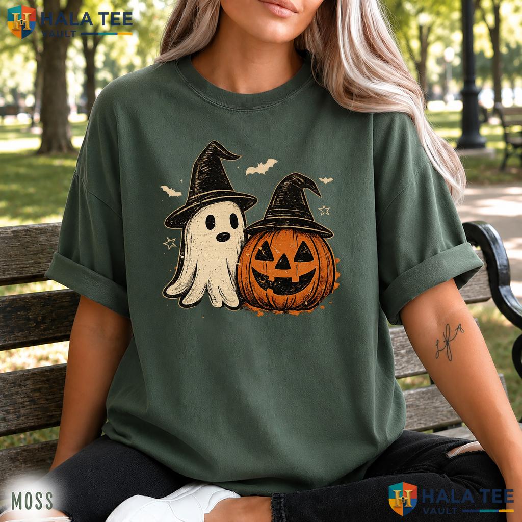 Spooky Ghost Pumpkin Comfort Colors T Shirt Cute Fall Halloween Graphic Top Vintage Washed Tee