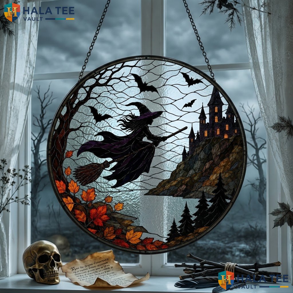 Spooky Haunted Castle Halloween Stained Glass Suncatcher Pumpkin Bat Window