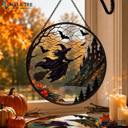 Spooky Haunted Castle Halloween Stained Glass Suncatcher Pumpkin Bat Window Adult
