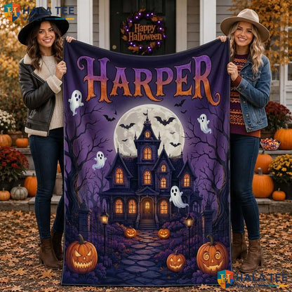 Spooky House Halloween Blanket Custom Name Fleece Fall Decor Throw