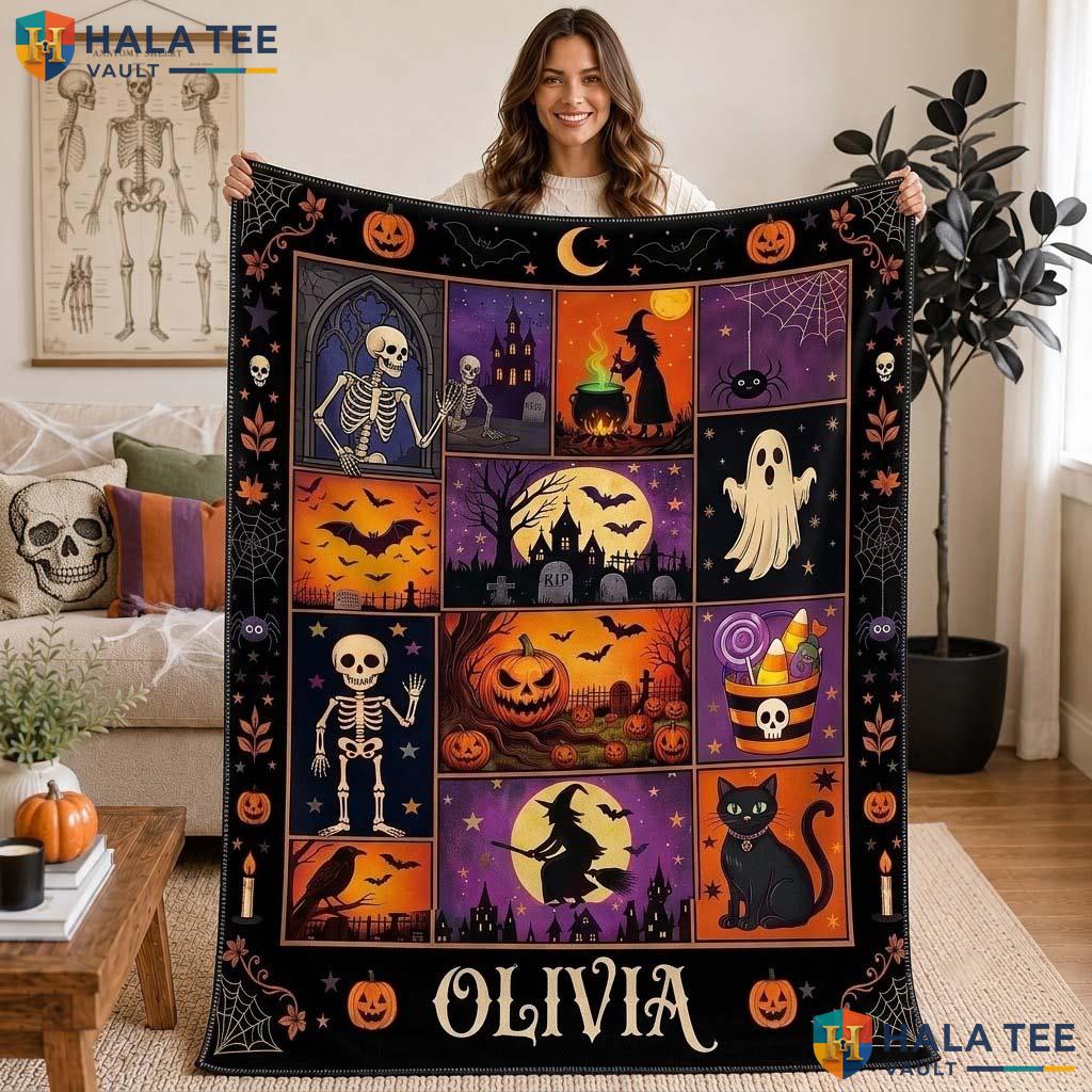 Spooky Patchwork Halloween Blanket Custom Name Vintage Ghost Cat