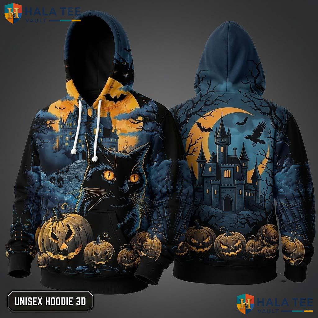 Spooky Pumpkin Black Cat 3D Hoodie Cool Graphic Halloween Apparel Men
