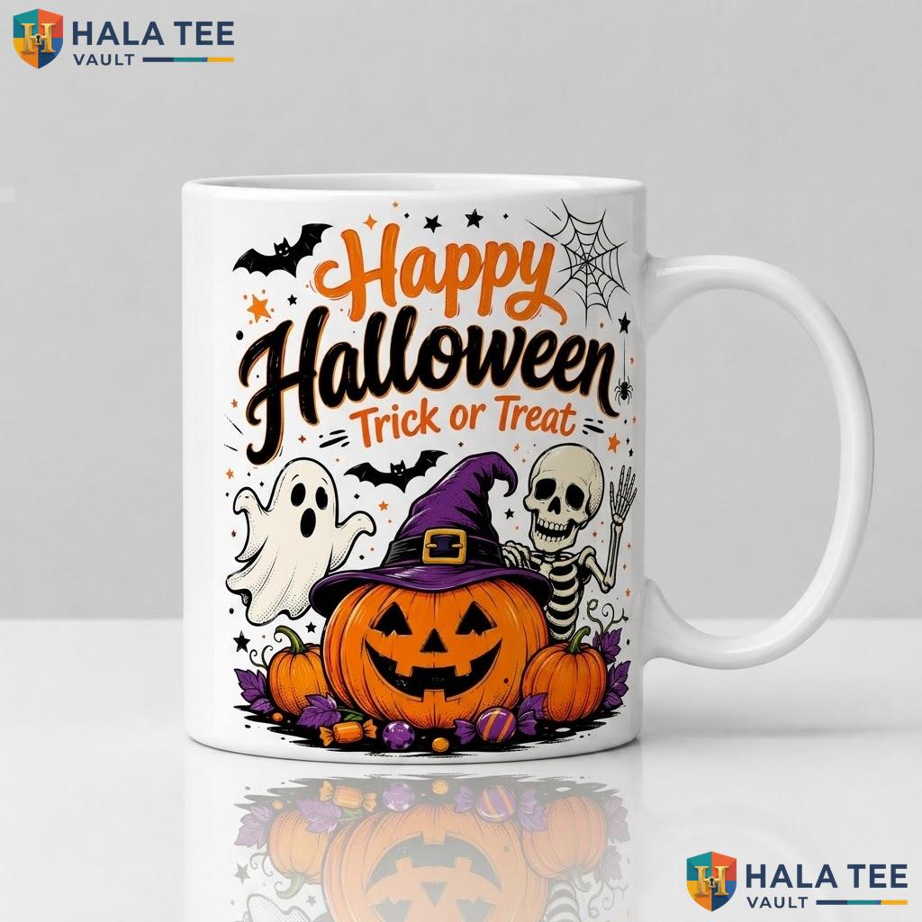 Spooky Pumpkin Skeleton Halloween Cup Orange Trick Or Treat Ceramic Coffee Mug