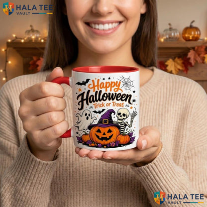 Spooky Pumpkin Skeleton Halloween Camping Mug Orange Trick Or Treat Ceramic Coffee Mug