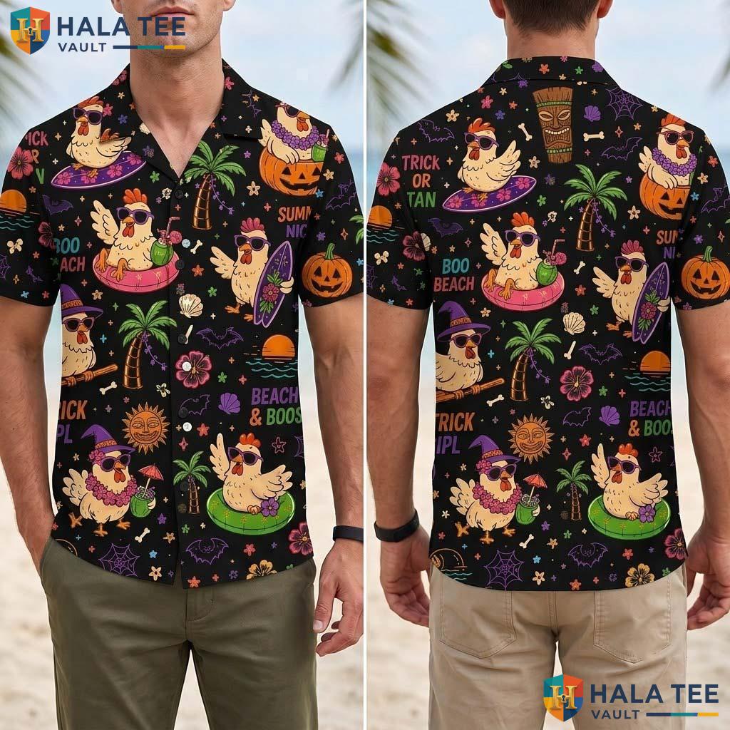 Spooky Rooster Halloween Hawaiian Shirt Tropical Beach Vacation Top Adult