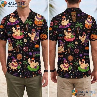 Spooky Rooster Halloween Hawaiian Shirt Tropical Beach Vacation Top Adult