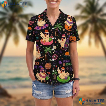 Spooky Rooster Halloween Hawaiian Shirt Tropical Beach Vacation Top Adult