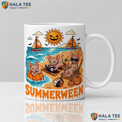 Spooky Sphynx Cat Summer Halloween Mug Tropical Beach Ceramic Coffee Cup