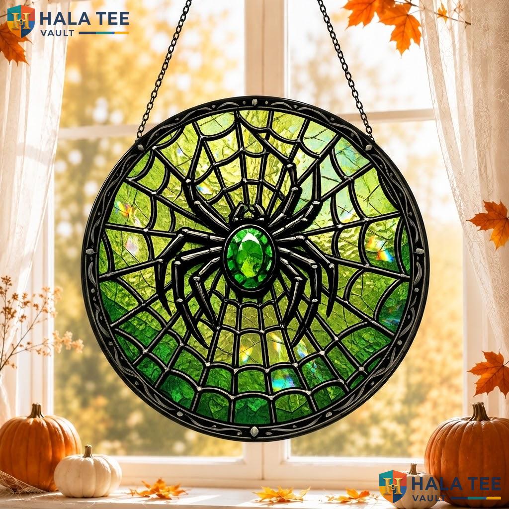 Spooky Spider Stained Glass Suncatcher, Green Gem Web Decor For Halloween