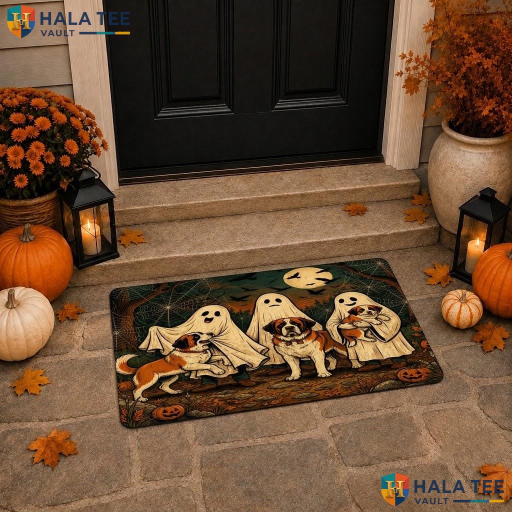 St Bernard Dog Halloween Doormat Holiday Ghosts Spooky Welcome Floor Rug