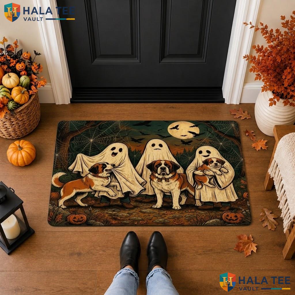 St Bernard Dog Halloween Front door mat Holiday Ghosts Spooky Welcome Floor Rug
