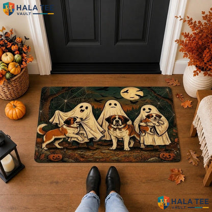 St Bernard Dog Halloween Front door mat Holiday Ghosts Spooky Welcome Floor Rug