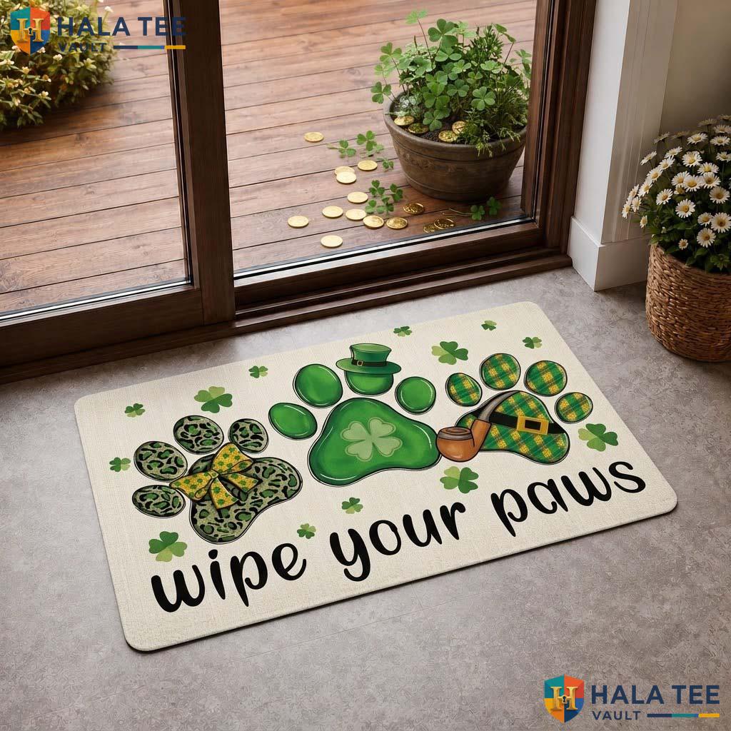 St Patricks Paw Print Doormat, Festive Welcome Rug With Shamrock Design For Pet Lovers