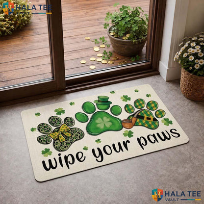 St Patricks Paw Print Doormat, Festive Welcome Rug With Shamrock Design For Pet Lovers