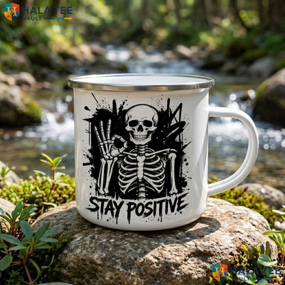Stay Positive Spooky Ceramic Mug Ghost Skeleton Bat Halloween Coffee Accent Mug