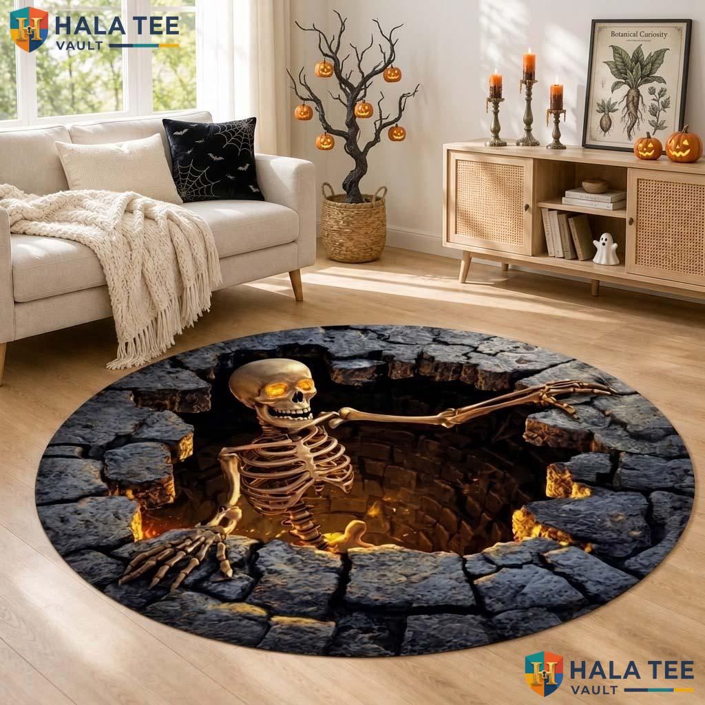 Stone Skeleton Halloween Round Area Rug 3D Illusion Horror Creepy Mat