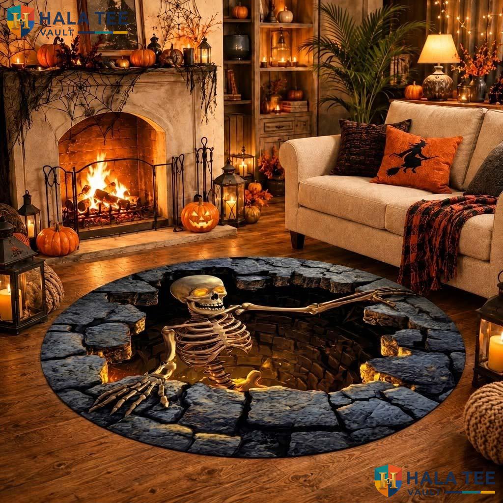 Stone Skeleton Halloween Round Area Rug 3D Illusion Horror Creepy Mat Adult