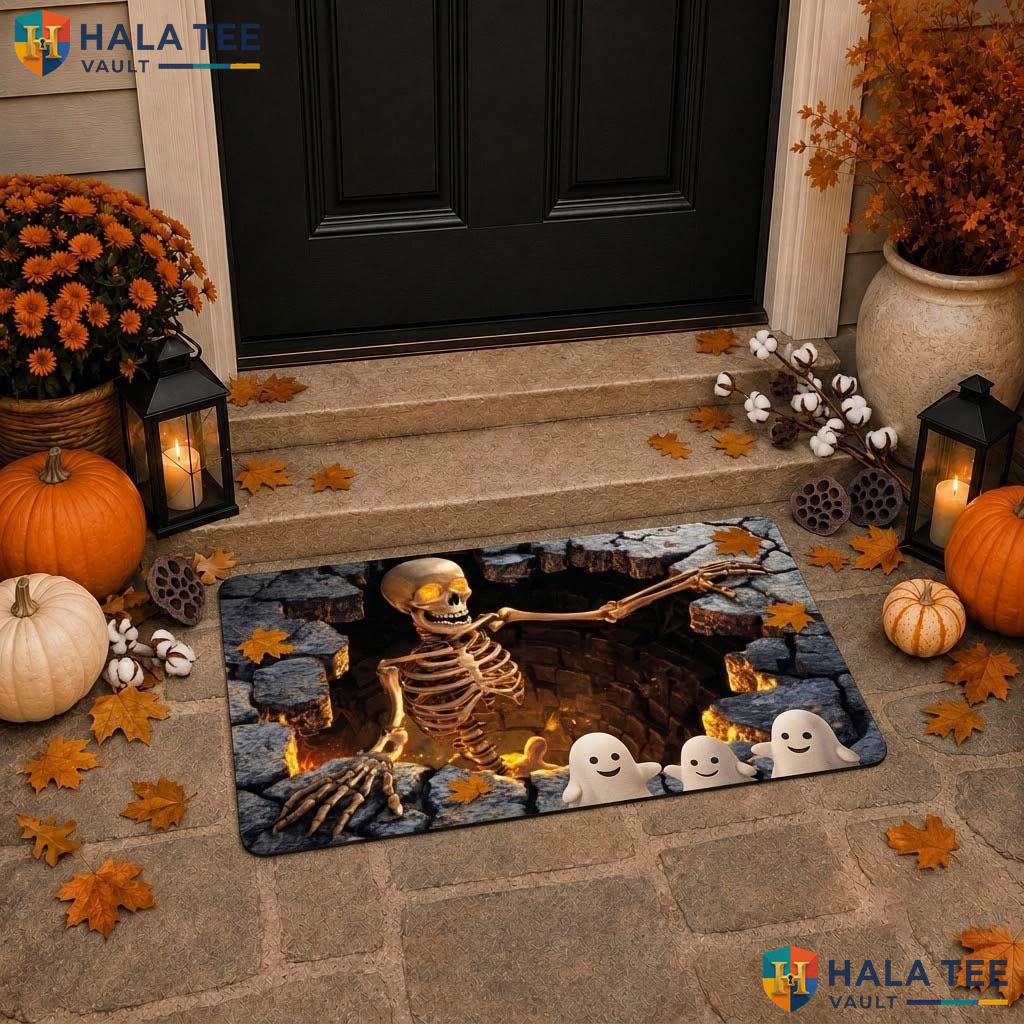 Stone Well Skeleton Halloween Doormat 3D Illusion Horror Creepy Decor
