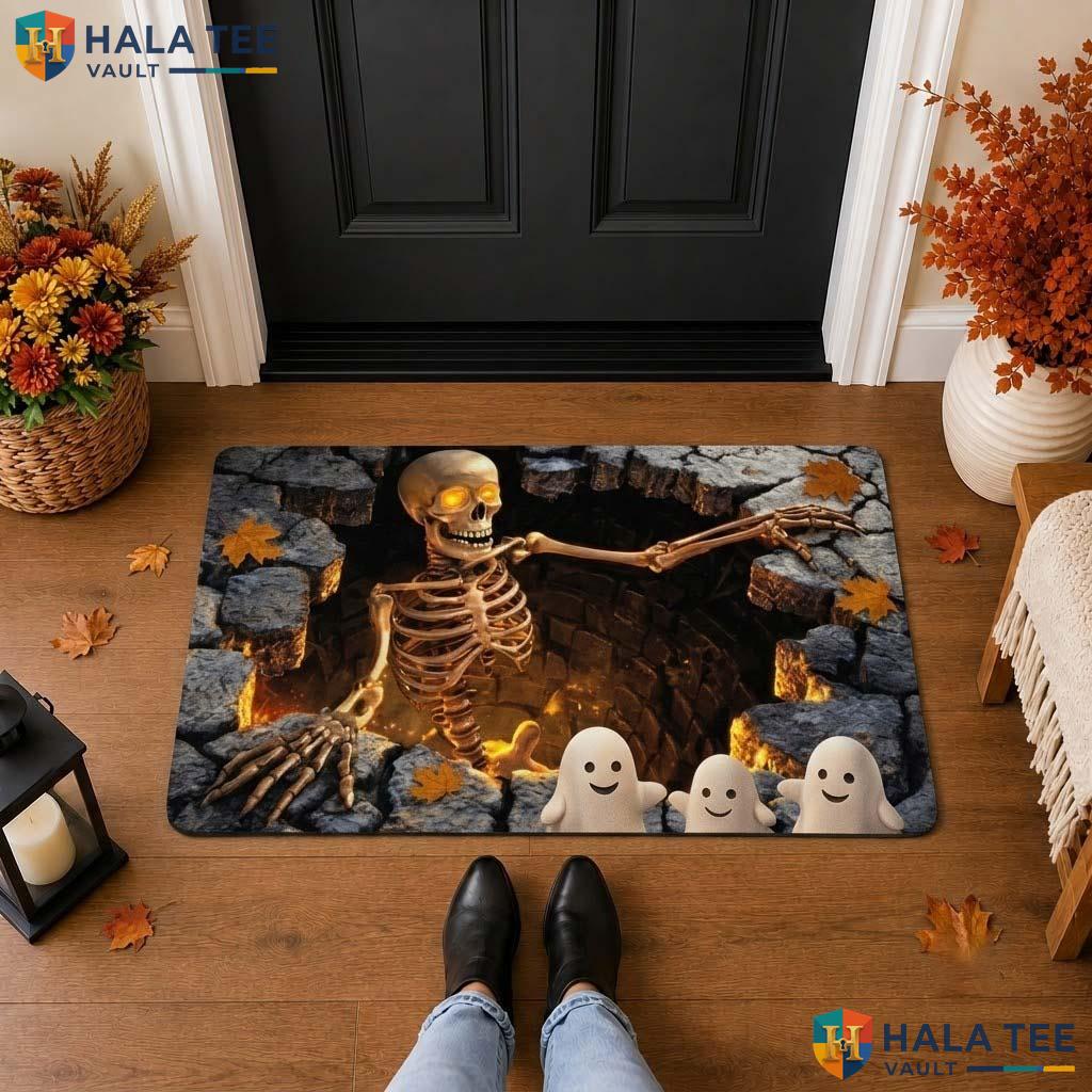 Stone Well Skeleton Halloween Front door mat 3D Illusion Horror Creepy Decor