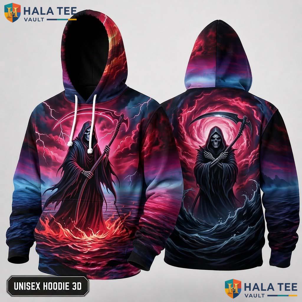 Stormy Sea Grim Reaper 3D Hoodie Edgy Gothic Graphic Casual Apparel