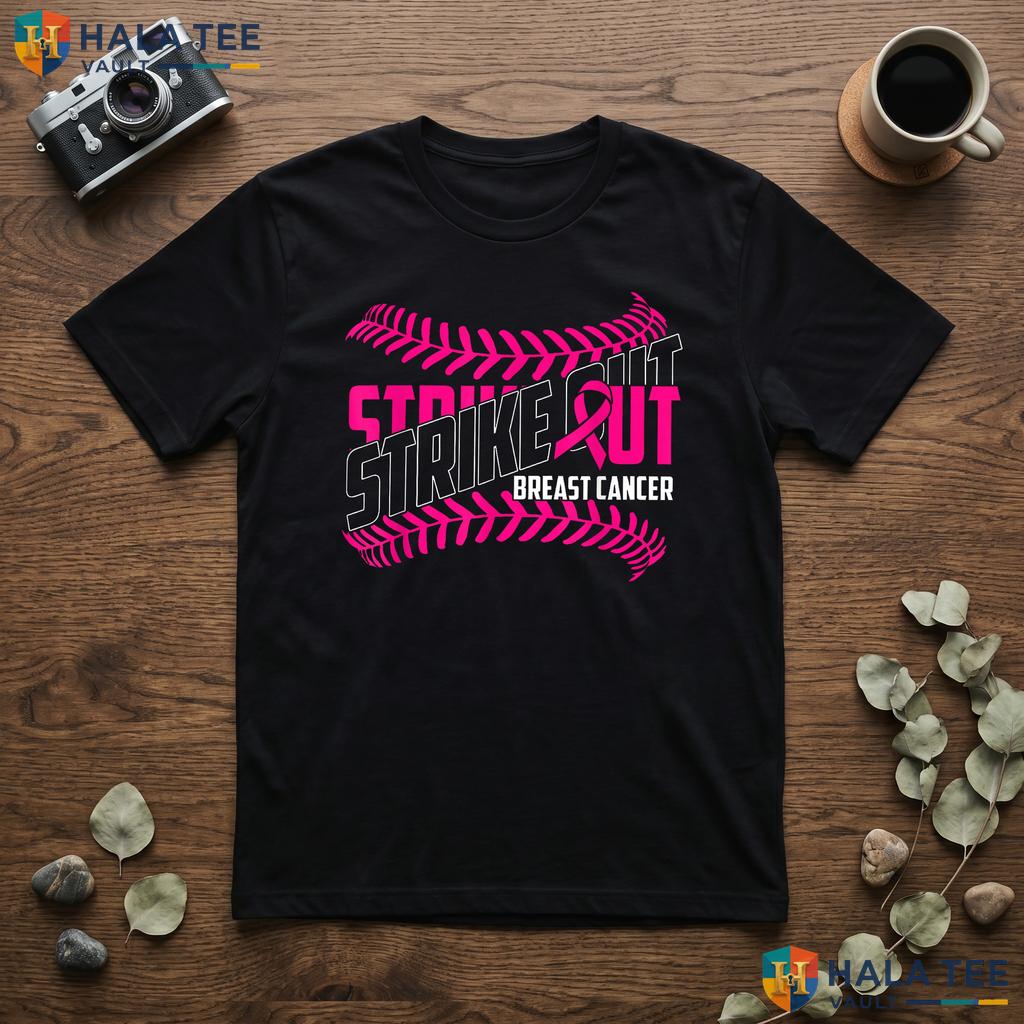 Strike Out Baseball Pink Shirt Breast Cancer Awareness Ribbon Top Adult