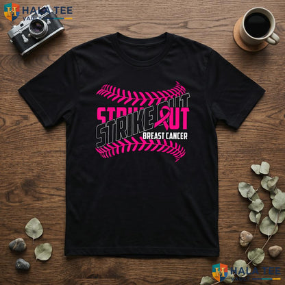 Strike Out Baseball Pink Shirt Breast Cancer Awareness Ribbon Top Adult