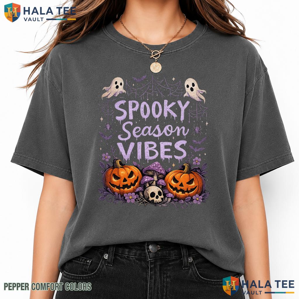 Striped Spooky Season Comfort Colors T Shirt Cute Retro Halloween Apparel Heavyweight Cotton T-Shirt