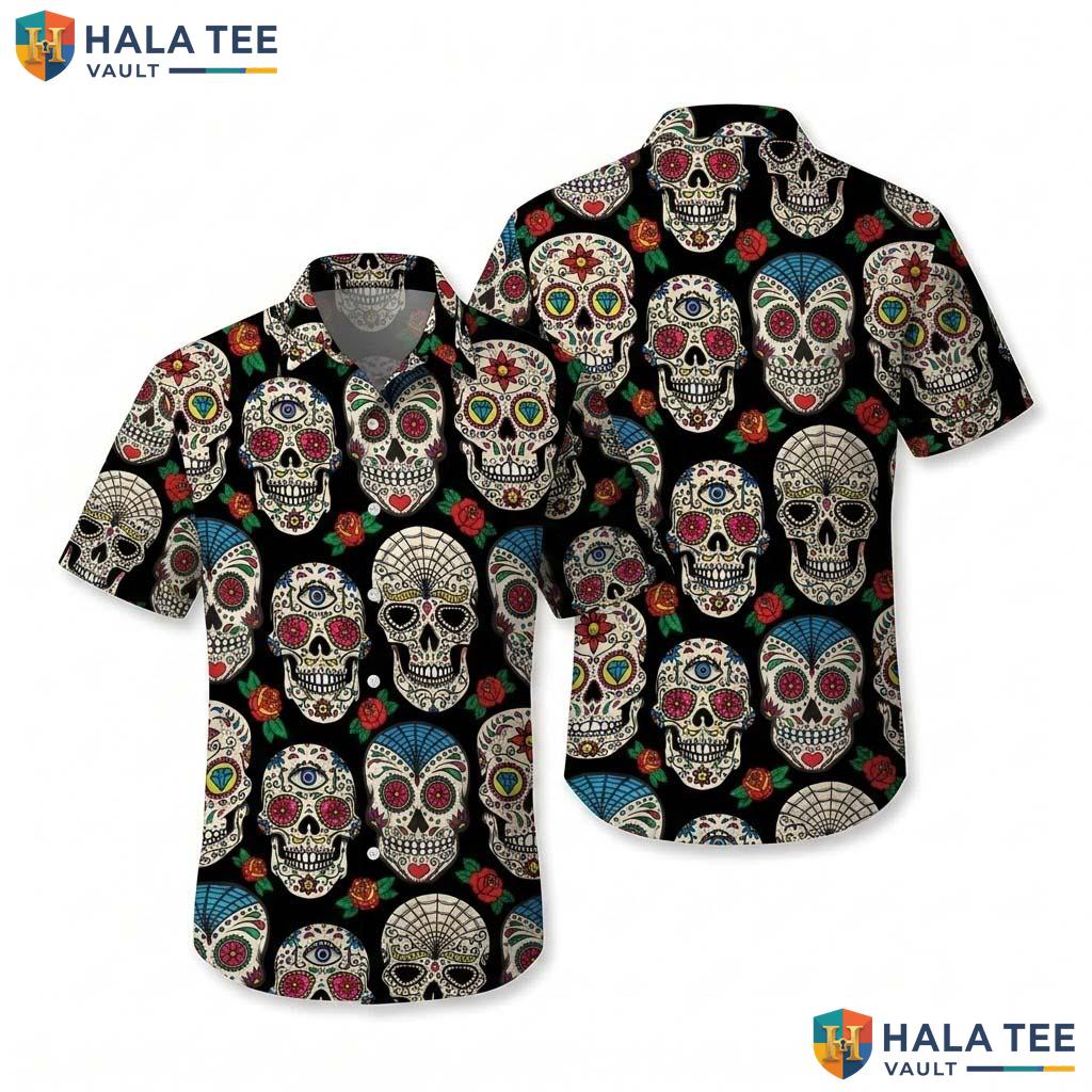 Sugar Skull Halloween Hawaiian Shirt Day Of Dead Aloha Button Up Top