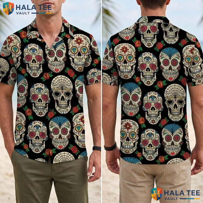Sugar Skull Halloween Hawaiian Shirt Day Of Dead Aloha Button Up Top Adult