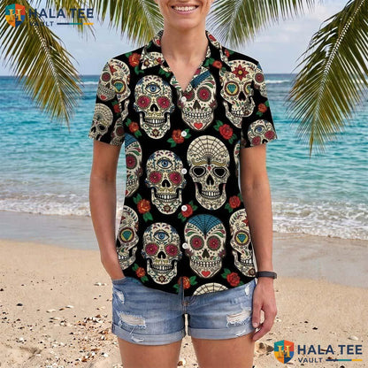 Sugar Skull Halloween Hawaiian Shirt Day Of Dead Aloha Button Up Top Adult